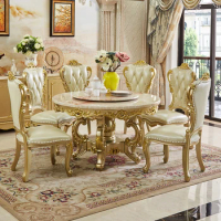 European style solid wood carved round dining table frame, marble round dining table, double-sided carved dining chairs, dining