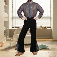 Men Bell-bottom Pants Retro Disco Fancy Trousers for Men Shiny Sequin Flared Hem Hippie Costume for Halloween Carnival Party