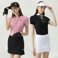 Golfist Women V-neck Breathable Tops Short-sleeve Dry Fit Golf T-shirt Summer Lady Pencil Skirt Pleated Skort Golf Clothing Sets