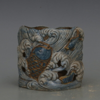 清 早期青花海水紋魚躍大筆筒 仿古瓷器舊貨古玩家居裝飾收藏擺件