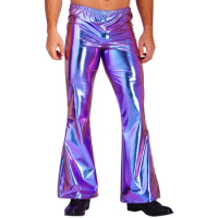 Mens Fashion Shiny Metallic Flare Pants Bell Bottom Trousers for Rave Party Club Disco Pole Dance Stage Performance Streetwear