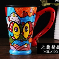 咖啡杯 彩繪馬克杯-手工繪製大容量附蓋陶瓷水杯3色72ax8【獨家進口】【米蘭精品】