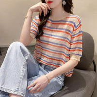 短袖女新款t恤春夏款寬松鏤空薄款彩色條紋針織衫上衣