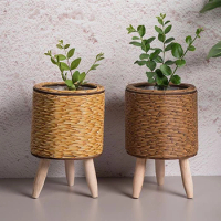 Vintage Planters Imitation Rattan Flower Stand Woven Storage Basket With Wooden Legs Plant Pot Stand Holder Basket Organizer