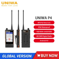 UNIWA P4 Waterproof 4G Smartphones 4W DMR Analog Walkie Talkie UHF/VHF PTT/Zello App 4GB+64GB Android 9 Mobile Phone 3000mAh NFC