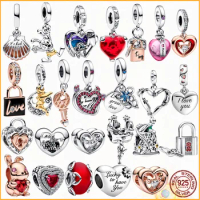 Authentic S925 Silver HEROCROSS Disney Charms Dangle Red Heart Wire Heart Medallion Women Fit Pandora Bracelet Jewelry Gift DIY