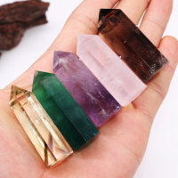 天然水晶六棱柱擺件紫粉綠黃茶五彩色單尖能量療愈石頭