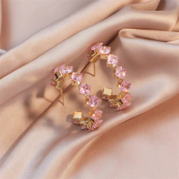 UILZ Fashion C Shaped Horse Eye Zircon Hoop Earrings For Women Pink Gold Color Romantic Earrings Party Jewelry Gift