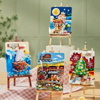 Idea Artistic Creative Sailboat Christmas Tree Train 3d Painting MOC Building Bricks With Easel Mini Block Figures Toy For Gift