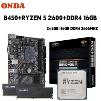 ONDA B450 Motherboard Kit With AMD Ryzen 5 2600 R5 CPU Processor DDR4 16GB(2*8GB) 2666MHz Memory B450M AM4 Set
