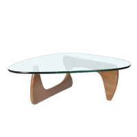 19MM Triangle Glass Table Coffee Table Solid Wood Base Walnut and Clear Glass Top Modern End Table for Living Room, Patio, Study