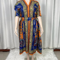2024 Saudi Arabian Scarf Loose Print Silk Maxi Dress Summer Beach Bohemian Robe African Kaftan Kimono Swimwear Short Sleeve B42