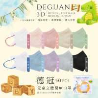 【德冠DEGUAN】兒童3D立體醫療口罩4盒組(50入/盒｜透氣材質｜鼻樑壓條｜彈力耳帶｜MIT製造)