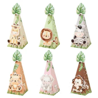 6pcs Cartoon Animal Gifts Box Jungle Safri Lion Tiger Triangle Candy Boxes Happy Kids Birthday Party Decorative Packaging Bags