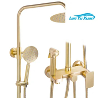 Matte Gold Rain Shower Faucet Set Ultra-thin Shower Head Saving Water Toilet Sprayer Tub Spout Brushed Gold Bathroom Shower Kits