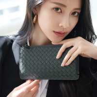 【2R手工真皮】母親節禮物 葛洛莉雅 Gloria 梭織羊皮美型拉鍊長夾 深霧藍(皮夾)