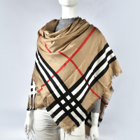 BURBERRY 經典格紋X馬術騎士圖徽羊毛混絲方型圍巾披肩140Ｘ140cm-典藏米色