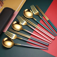 2/3pcs Stainless Steel Portable Tableware Set Golden Mirror Fork Spoon Chopsticks Suit Lunch Box Cutlery Home Kitchen Dishes