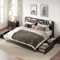 King size Bed Frame with Storage Drawers Footboard Upholstered Platform USB Ports &amp; Outlets Beds