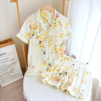 Floral Print Women's Summer Pajama Set with Shorts Ladies Cotton Sleepwear Home Suit Turn Down Collar Nightwear for Female