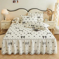 AI WINSURE French Printed Bed Cover King Size Cotton Quilted Bedspread Lace Elegant Ruffle Queen Double Bed with 2 Pillow Shams