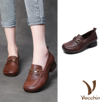 【Vecchio】真皮跟鞋 粗跟跟鞋/真皮頭層牛皮小方頭經典馬銜扣造型粗跟鞋(棕)