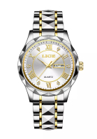 LIGE LIGE 中性 IP 黃金和不鏽鋼石英手錶，星期/日期，不鏽鋼錶鍊