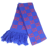 GUCCI 藍色窄版紅色雙G厚質100%羊毛圍巾