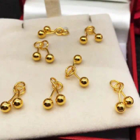 Pure 24K Yellow Gold Earrings Women 999 Gold Smooth Ball Stud Earrings