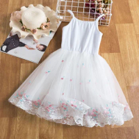 2024 New Baby Girls Sling Dress for 1-5 Yrs Summer Tulle Tutu Sleeveless Kids Princess Dress Lace Embroidery Flower Baby Dresses