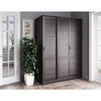 Solid Wood Wardrobe/Armoire/Closet with 3 Sliding Louvered Doors, Java. 5 Shelves Included, 52" W X 