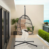 Indoor Outdoor Swing Egg Chair With Stand, Patio Foldable Grey Wicker Rattan Hanging Chair With Cushion