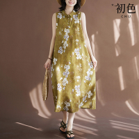 初色 新中式印花無袖翻領A字裙連衣裙連身洋裝長洋裝-黃色-35189(F可選)
