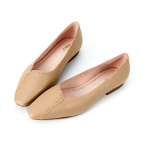 【HERLS】平底鞋-全真皮編織造型小方頭平底鞋(奶茶色)