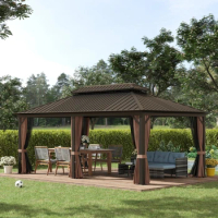 Hardtop Gazebo with Privacy Curtains Outdoor Canopy Gazebo with Aluminum Frame for Sun-Shade Gardens, Patios, Backyards, Coffee