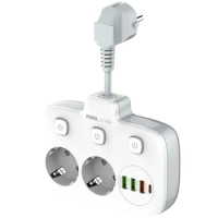 6-in-1 Multi-Socket with Flexible Cable 3-Way Power Strip with 3 USB and 1 Type-C Port Portable Multiple Plug Socket with Switch