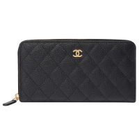 CHANEL香奈兒 經典金色雙C LOGO菱格粒紋牛皮拉鍊長夾(黑色)