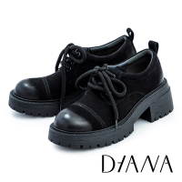 DIANA 蠟感擦色磨砂牛皮綁帶厚底德比鞋-黑色