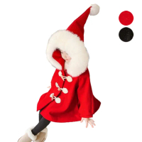 【橘魔法】閃亮尖尾帽毛領牛角扣長袖外套(聖誕節 耶誕 大紅 過年 新年 刷毛 加厚 童裝 女童 兒童)