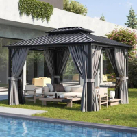 Hardtop Gazebo,Aluminum Frame Canopy with Double Galvanized Steel Roof,Outdoor Metal Pavilion for De