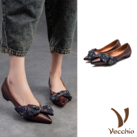 【Vecchio】真皮跟鞋 低跟跟鞋/全真皮頭層牛皮尖頭V口碎花布設計低跟鞋(咖)