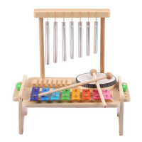 Wind Chime Combination Set Kids Drum Set Windchime Xylophone Drum Wood Guiro Scraper 4-in-1 Musical Instruments Set for Kid Gift