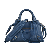 BALENCIAGA 巴黎世家  Mini City壓印英文LOGO粒面小牛皮拉鍊手提/斜背機車包(迷你/深藍)