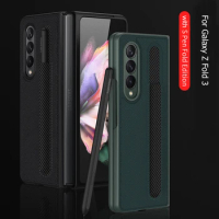 Leather Case With Pen Holder For Samsung Galaxy Z Fold 3 Cover Carbon Fiber Texture Case For Galaxy Fold 3 With S Pen Slot