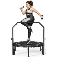 Fitness Trampoline with Bungees, U/T Shape Adjustable Foam Handle, Stable &amp; Quiet Exercise Rebounder for Kids Adults Indoor