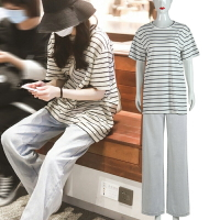 迪麗熱巴同款米色橫條紋T恤女半袖韓版半截短袖寬松上衣純棉夏潮