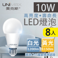 【美克斯UNIMAX】10W LED燈泡 球泡燈 E27 節能 省電 高效能 8入