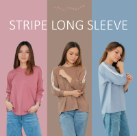Atasan Wanita Kaos Lengan Panjang Stripe Long Sleeve Top Hijab Oversize Korean Sporty Style Cotton C