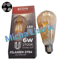 ECOVA Lampu Filamen ST64 6W E27/ Lampu Filamen Edison Kaca Teh 6W E27