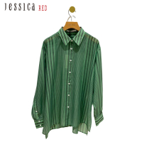 【Jessica Red】清新亮麗條紋輕薄寬鬆襯衫824136（深綠）